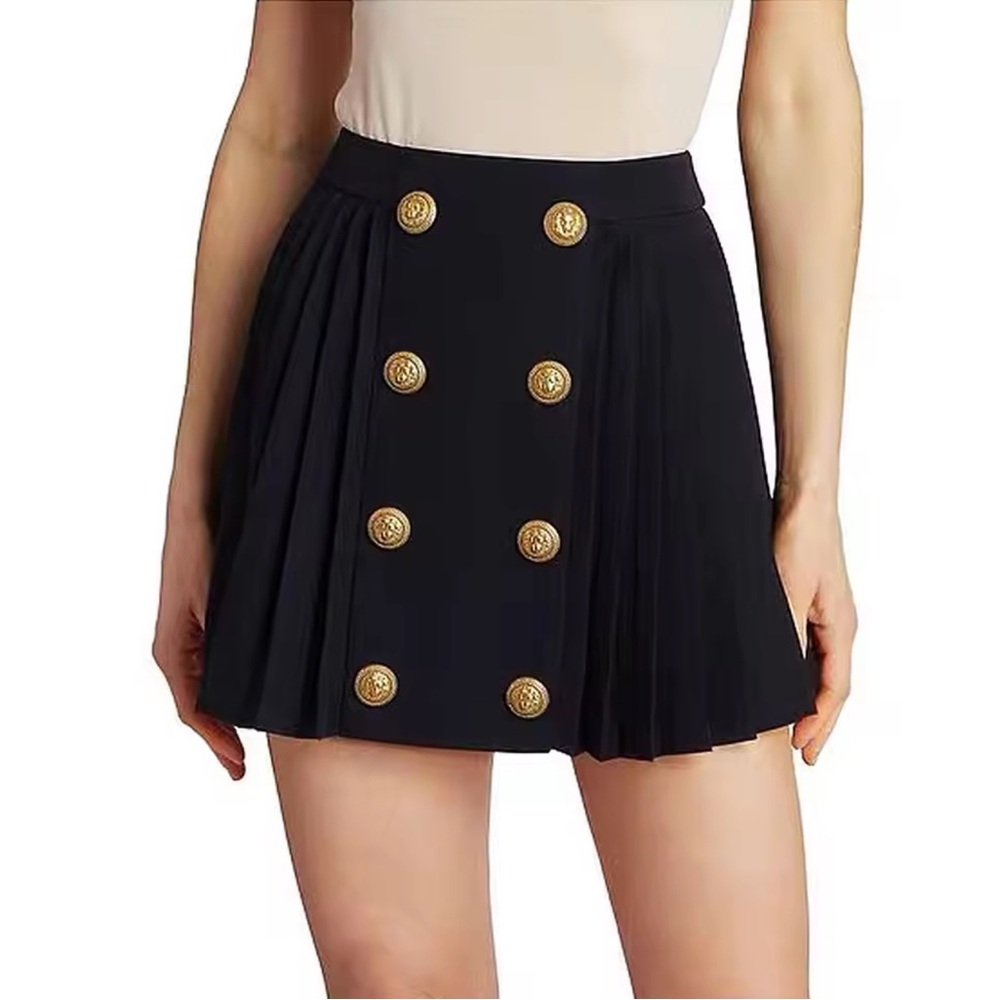 Black Pleated Mini Skirt with Gold Buttons Size S fits like 4 US